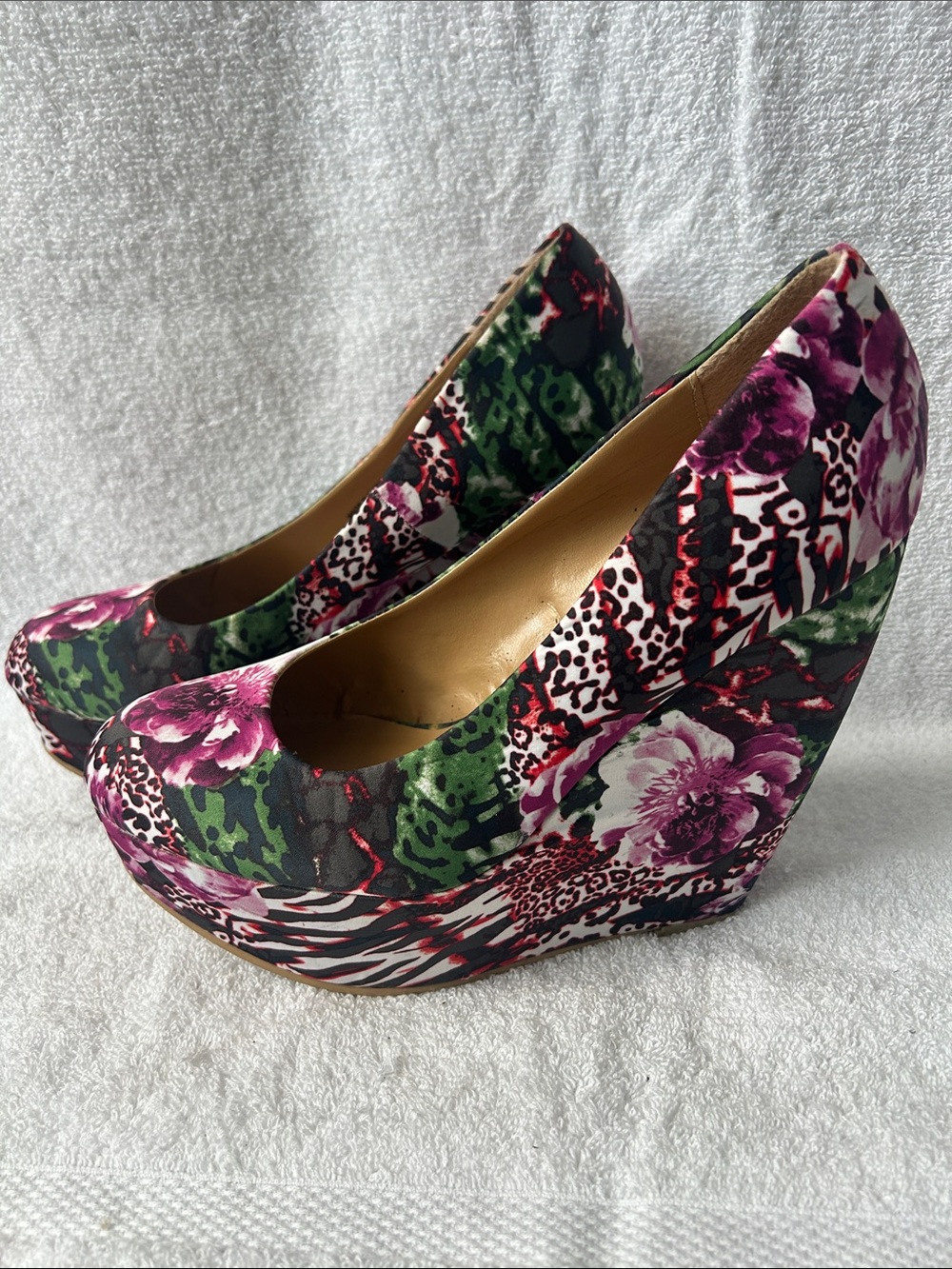 Call It Spring Floral Mixed-Print Platform Wedges in Purple, Green, Black